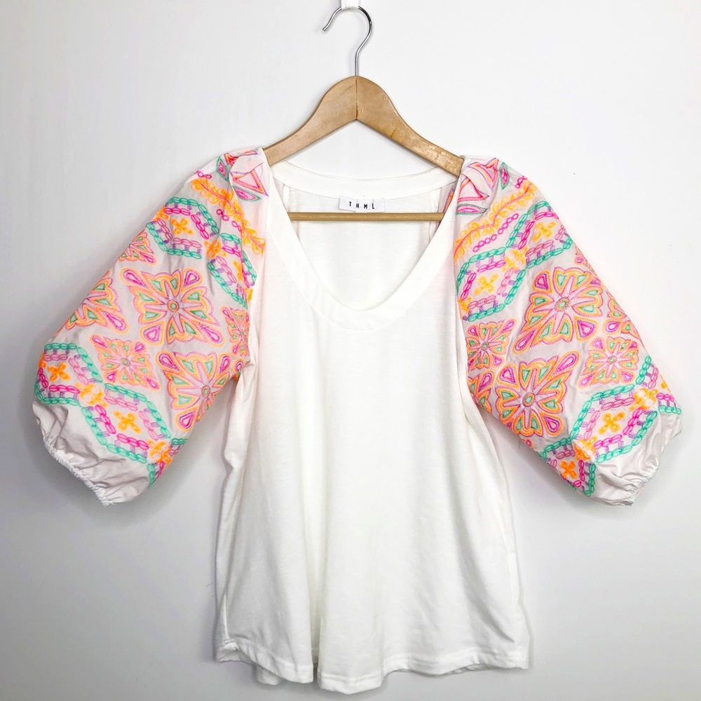 THML white embroidered puff sleeve blouse